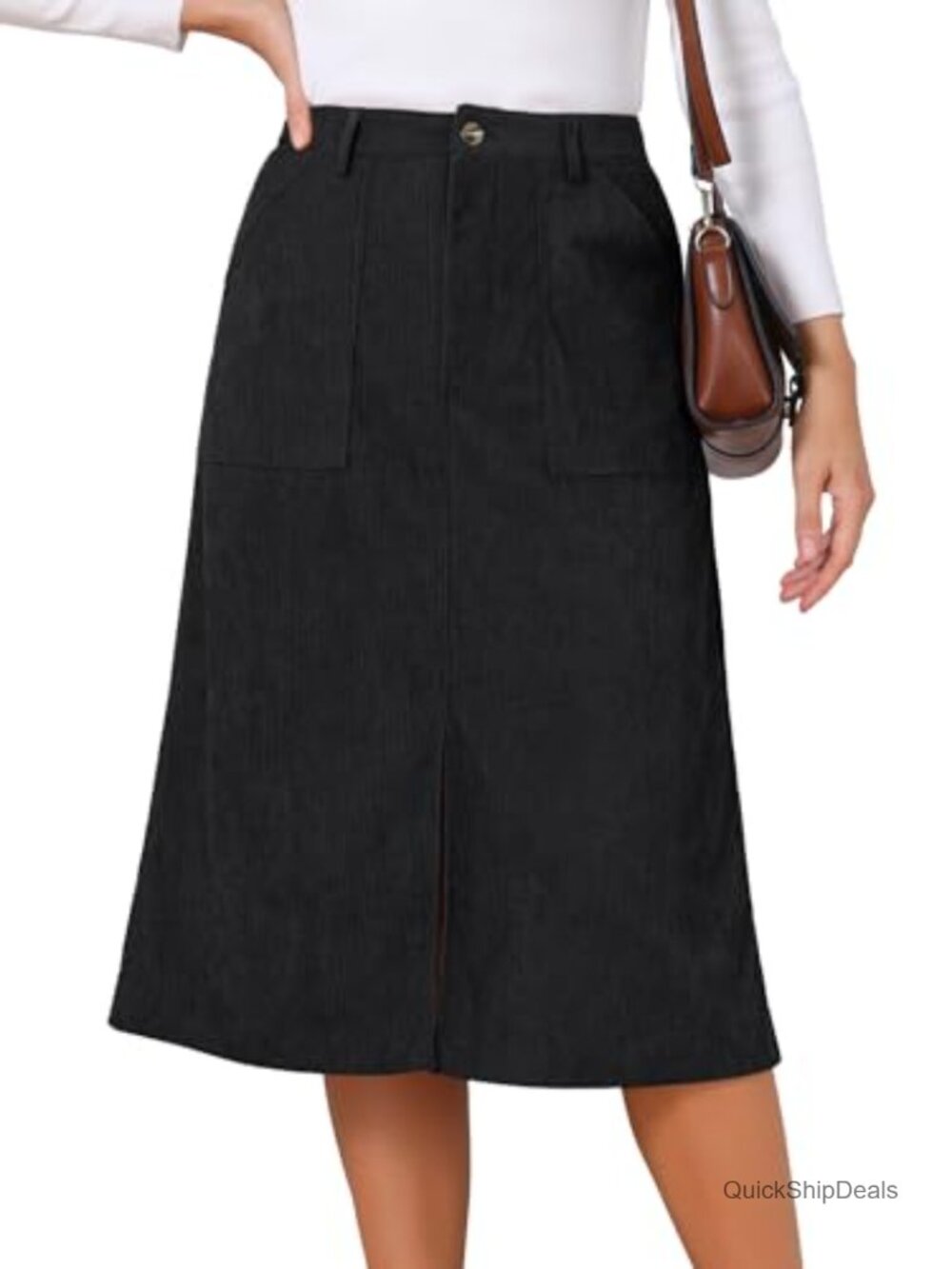 Women's Corduroy Midi Skirt A-Line High Waist Split Front Button Casual Skirts